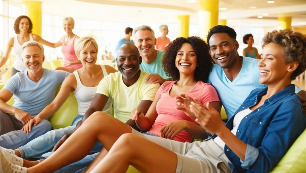 Groupe de personnes partageant un moment convivial dans un club de loisirs, représentant les connexions sociales significatives malgré la vie en solo.