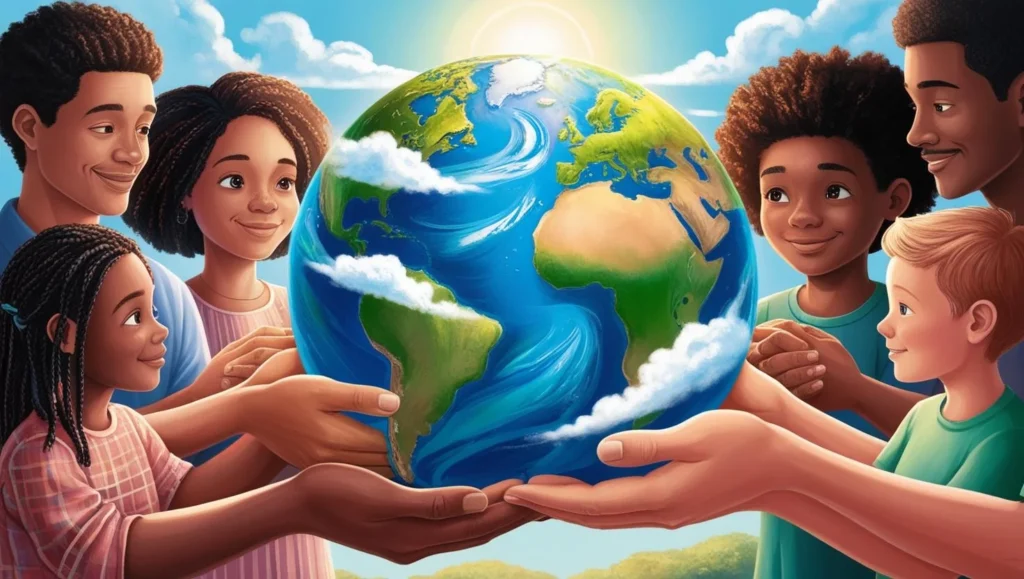 La planète Terre soutenue par plusieurs mains, symbolisant l'engagement collectif pour la préservation de l'environnement.