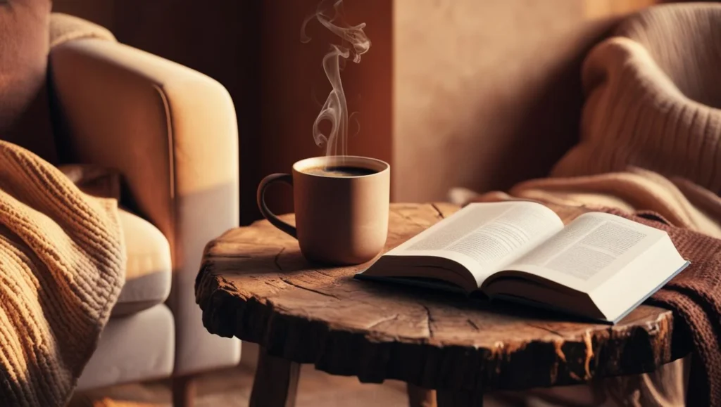 vivre seul et heureux. Salon confortable avec une tasse de café et un livre posé sur une table, symbolisant le plaisir de profiter de moments de solitude chez soi.