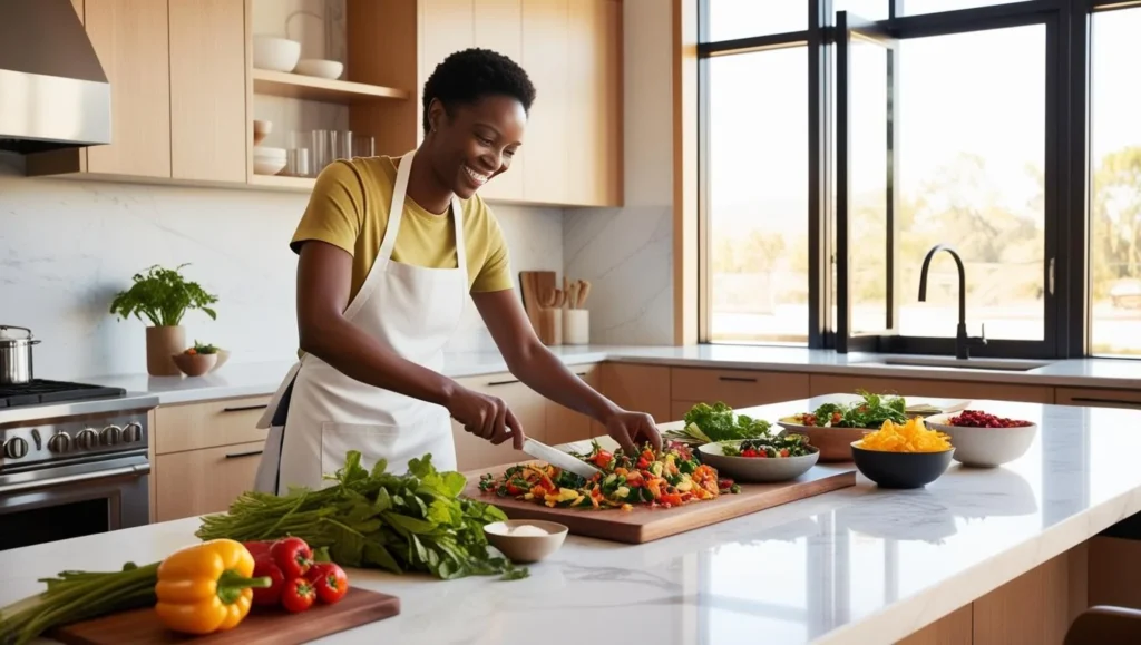 Personne préparant un repas dans une cuisine, symbolisant la découverte de nouvelles activités en solo comme la cuisine. vivre seul et heureux