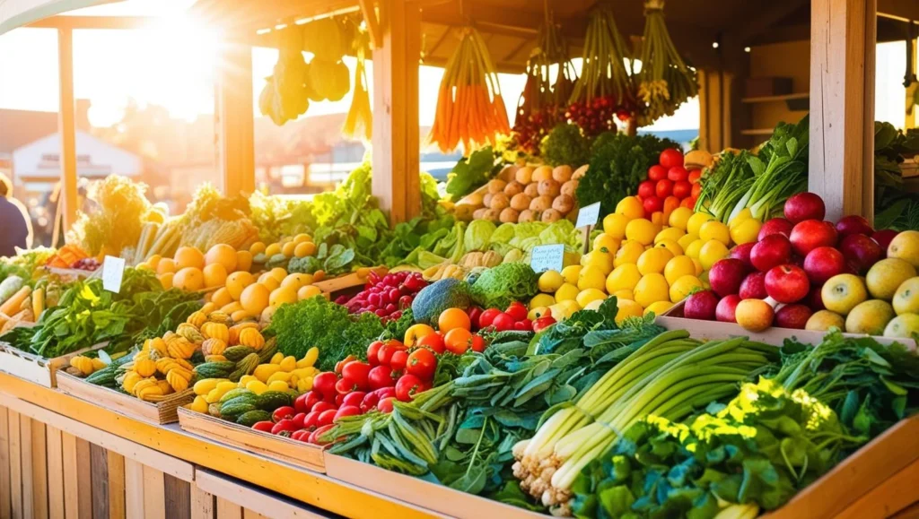 Un marché local avec des produits frais de saison, favorisant l'agriculture biologique et locale.