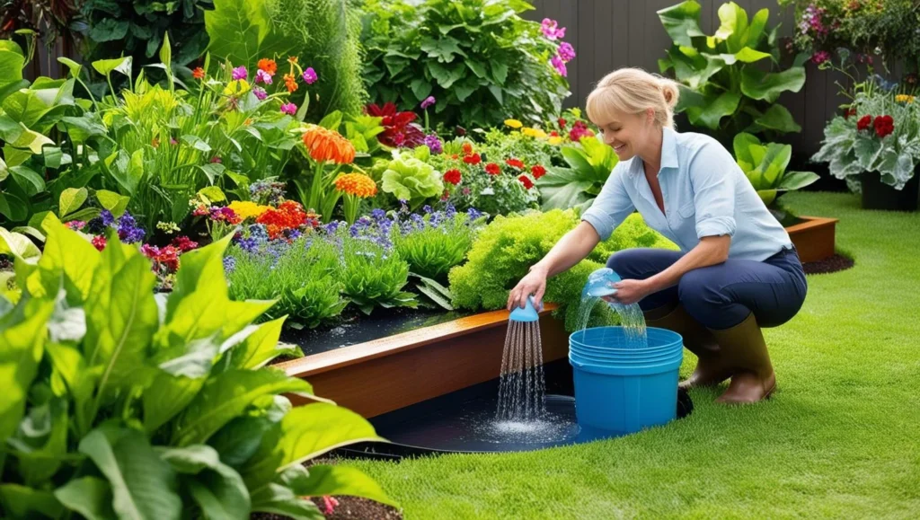 Un système de récupération d'eau de pluie dans un jardin, utilisé pour l'irrigation des plantes, montrant une gestion responsable de l'eau. Vivre éco-responsable au quotidien