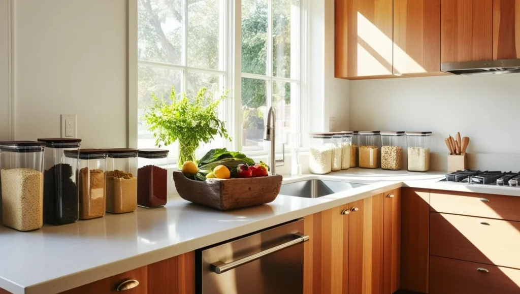 Une cuisine avec des contenants réutilisables, sacs en tissu et bocaux en verre, représentant un mode de vie sans déchets.