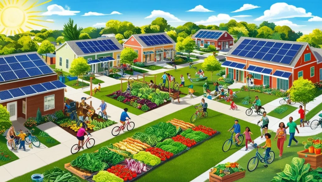 Vivre éco-responsable au quotidien. Vue d'un quartier écologique, avec des toits équipés de panneaux solaires et des espaces verts, illustrant les bienfaits d'un mode de vie durable à grande échelle.