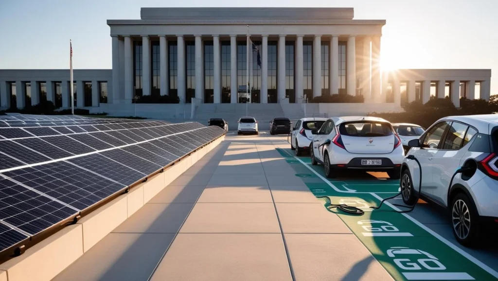 Une photo d'un bâtiment gouvernemental avec des panneaux solaires ou des véhicules électriques à proximité, montrant l'implication gouvernementale au réveil écologique.