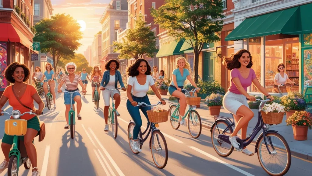Des individus utilisant des moyens de transport écologiques tels que des vélos et des trottinettes électriques sur une piste cyclable urbaine.