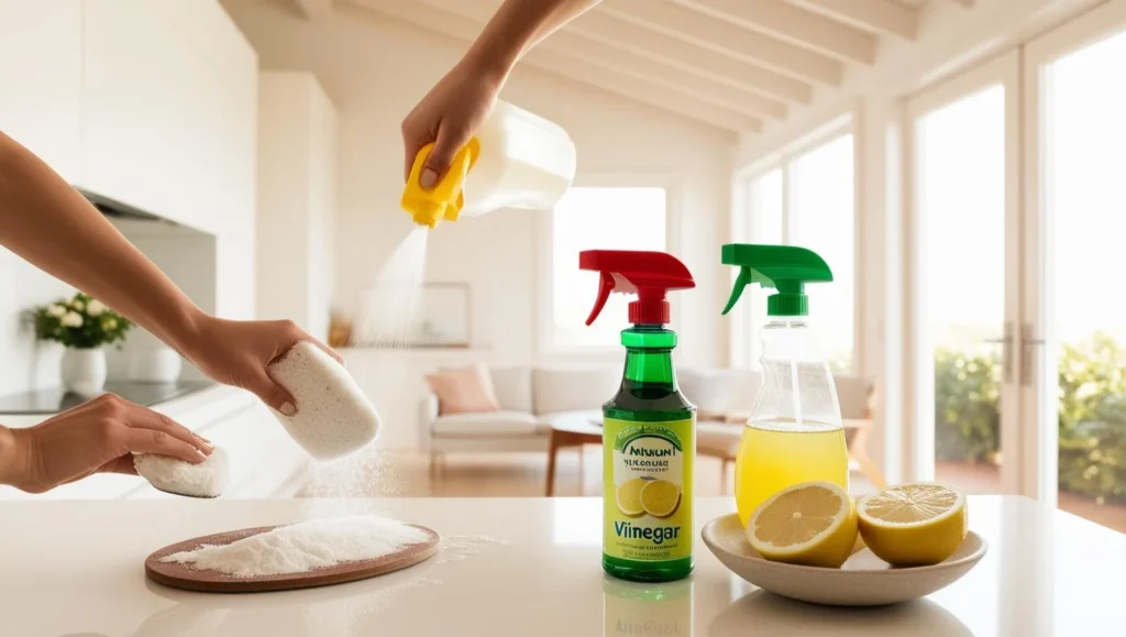 Vivre éco-responsable au quotidien. Une personne utilisant des produits ménagers naturels, comme du vinaigre blanc et du bicarbonate de soude, pour nettoyer de manière écologique.